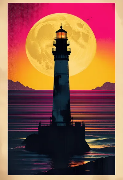 Retro Synthwave Lighthouse Silhouette Against Giant Moon