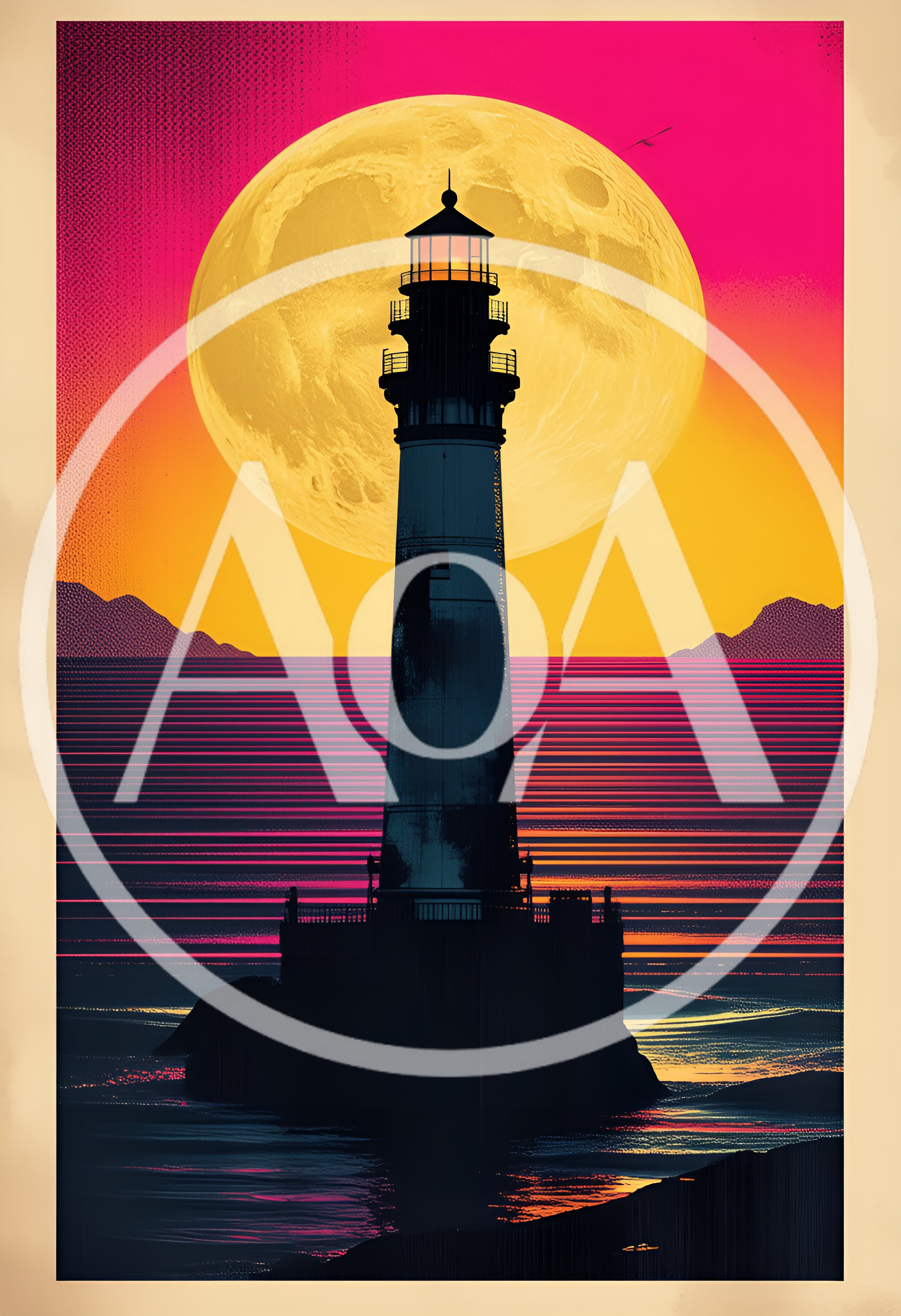 Retro Synthwave Lighthouse Silhouette Against Giant Moon