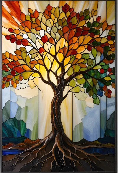 Stained Glass Tree Of Life With Autumnal Foliage
