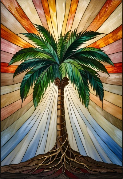 Stained Glass Palm Tree With Radiant Sunburst Background