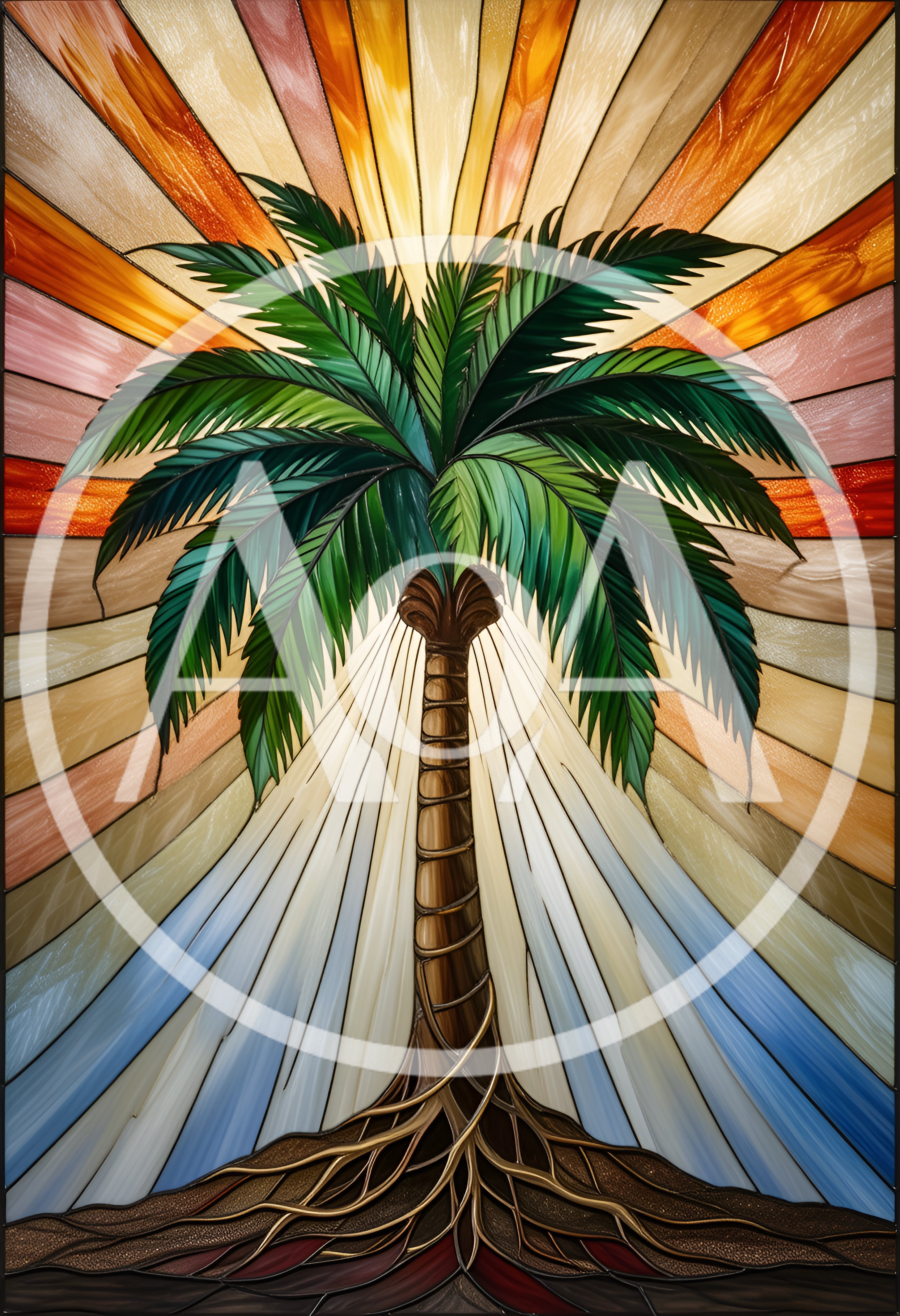 Stained Glass Palm Tree With Radiant Sunburst Background