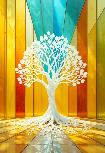 White Sculptural Tree In A Colorful Stained Glass Room