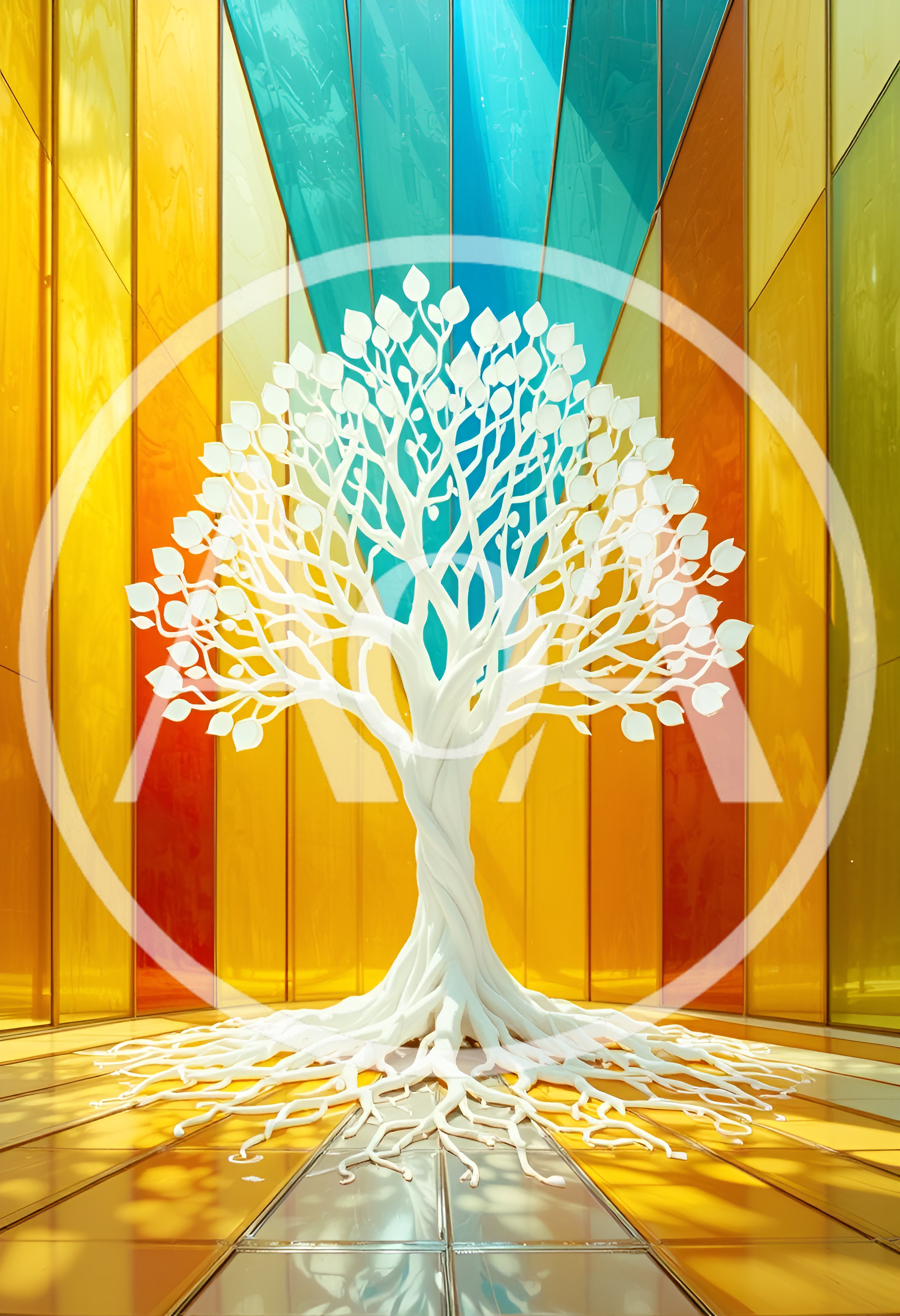 White Sculptural Tree In A Colorful Stained Glass Room