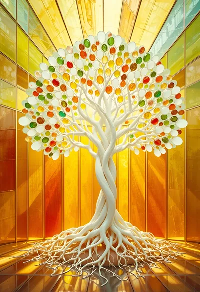 Abstract Sculptural Tree With Colorful Glass Leaves