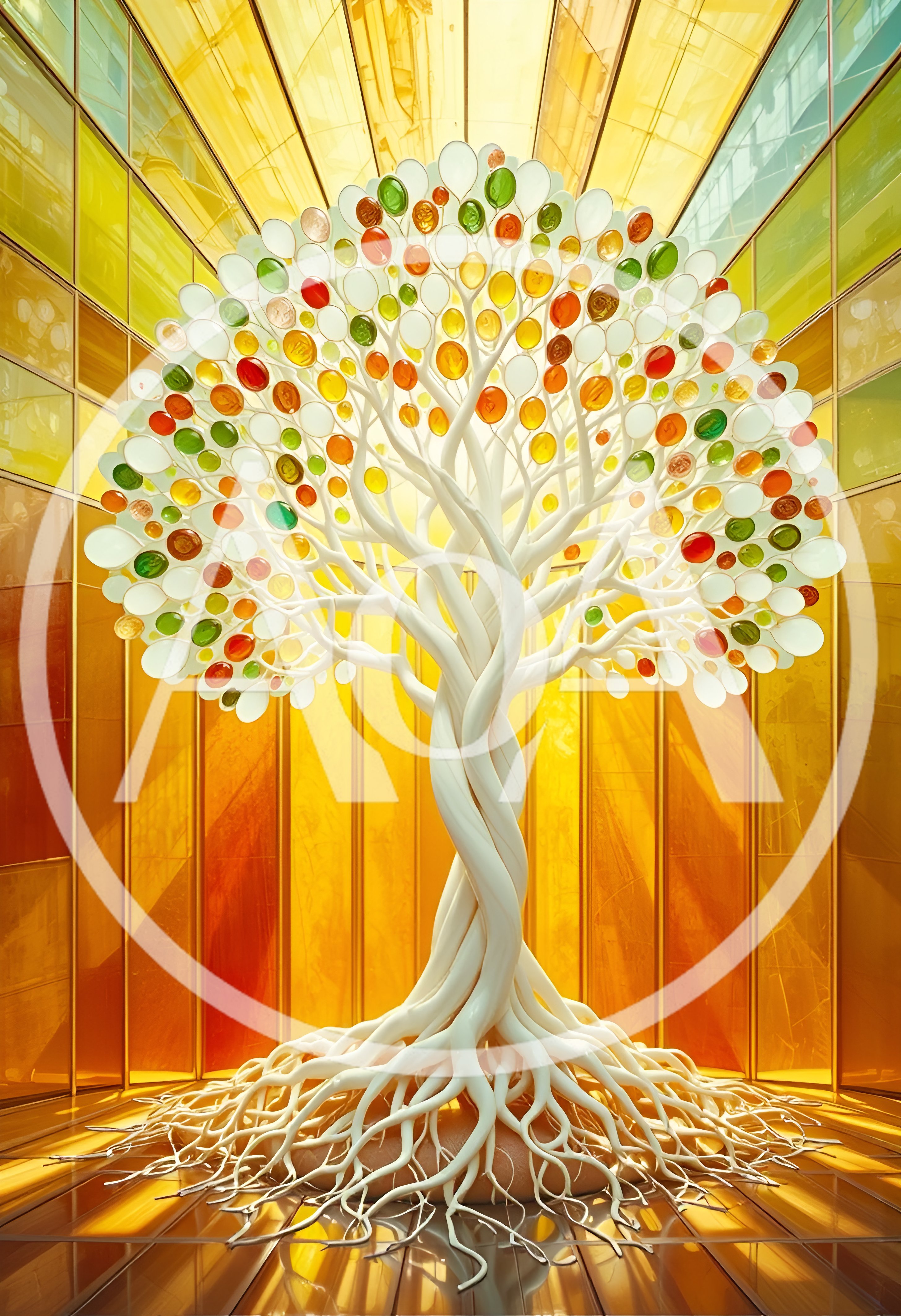 Abstract Sculptural Tree With Colorful Glass Leaves