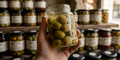 Hand Holding A Jar Of Green Olives