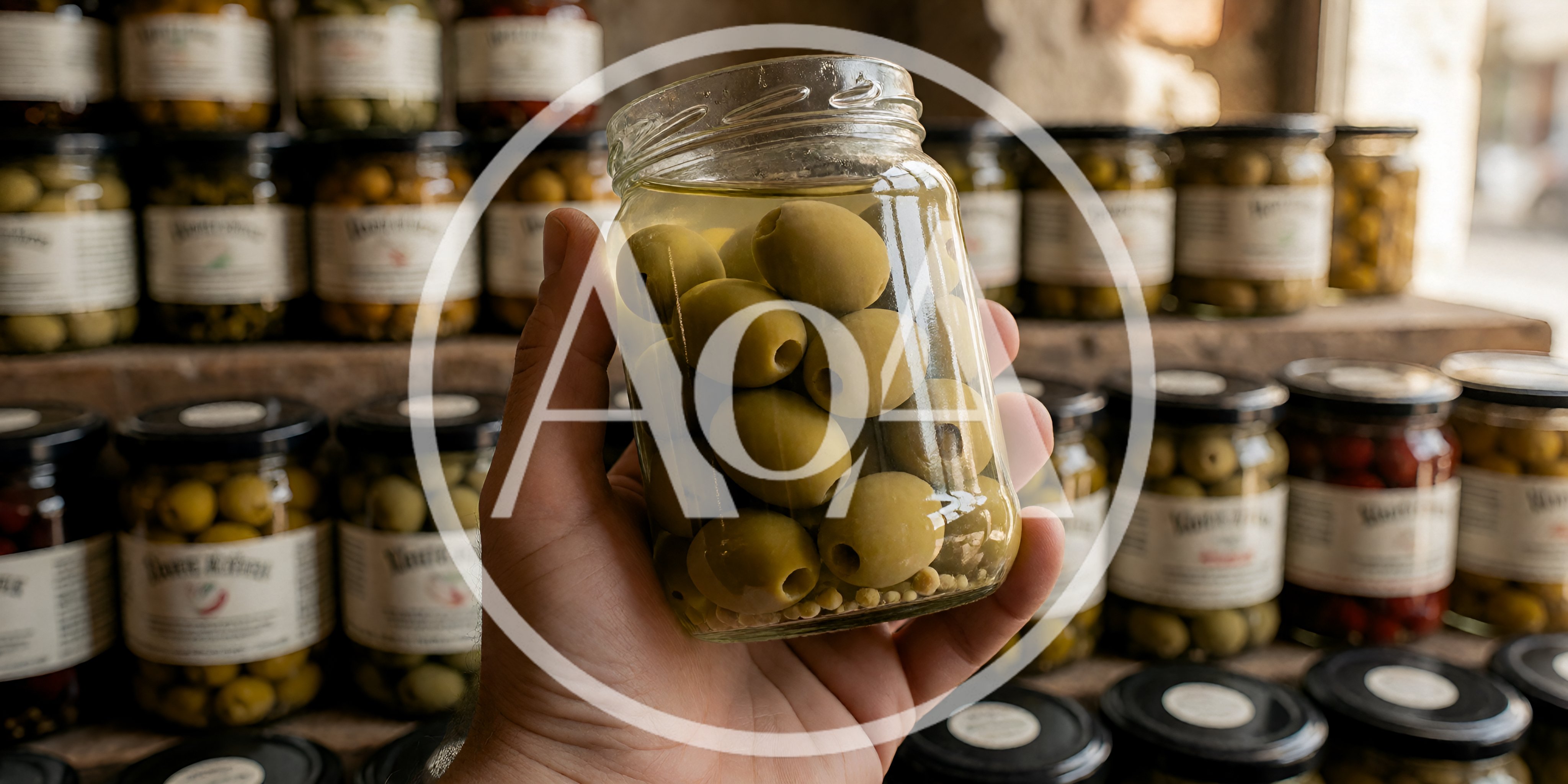 Hand Holding A Jar Of Green Olives