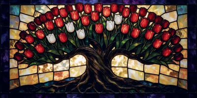 Stained Glass Tree With Red And White Tulips