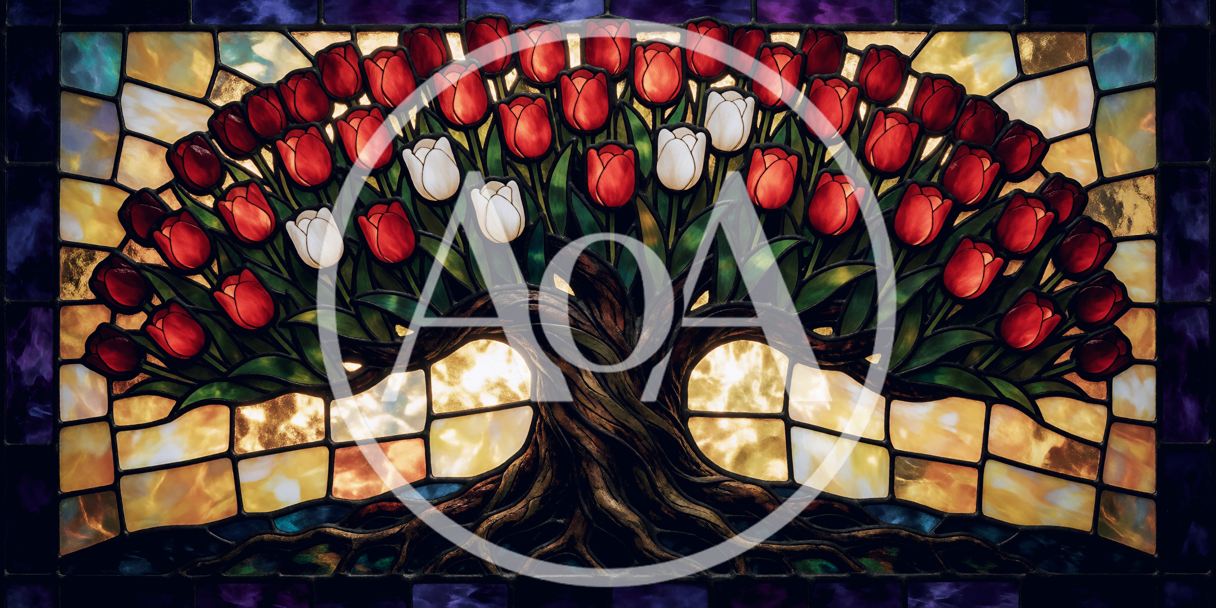 Stained Glass Tree With Red And White Tulips