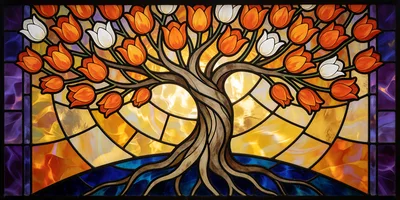 Stained Glass Tree With Orange And White Tulips