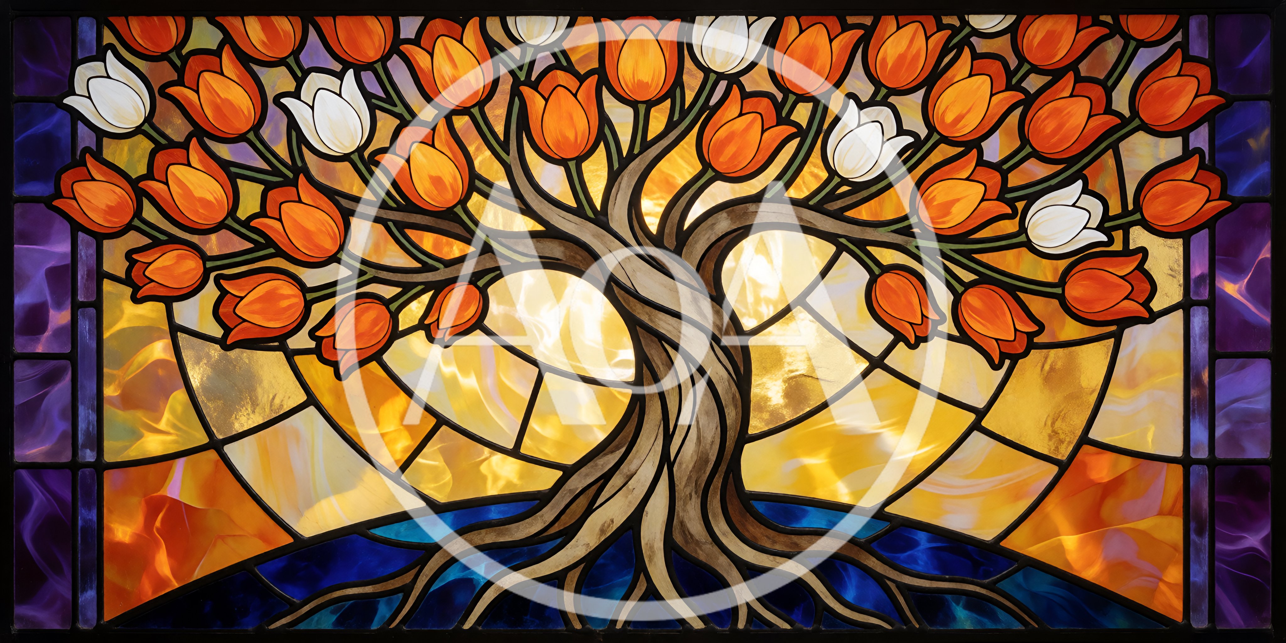 Stained Glass Tree With Orange And White Tulips