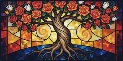 Stained Glass Tree With Roses And Tulips