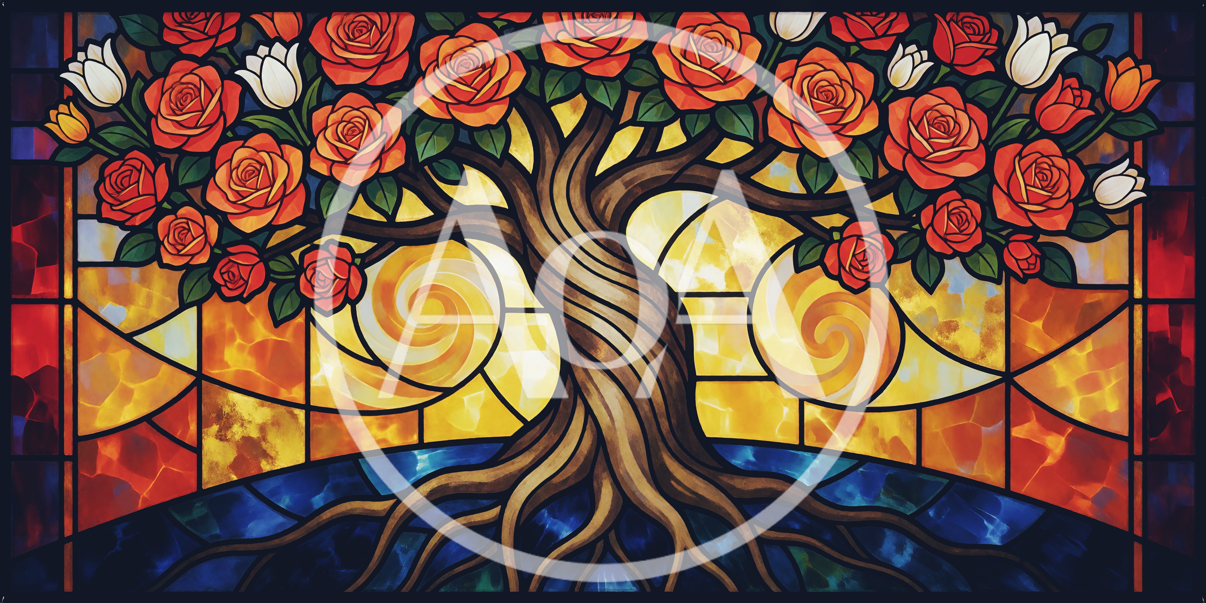 Stained Glass Tree With Roses And Tulips