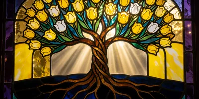 Stained Glass Tree Of Life With Yellow Tulips