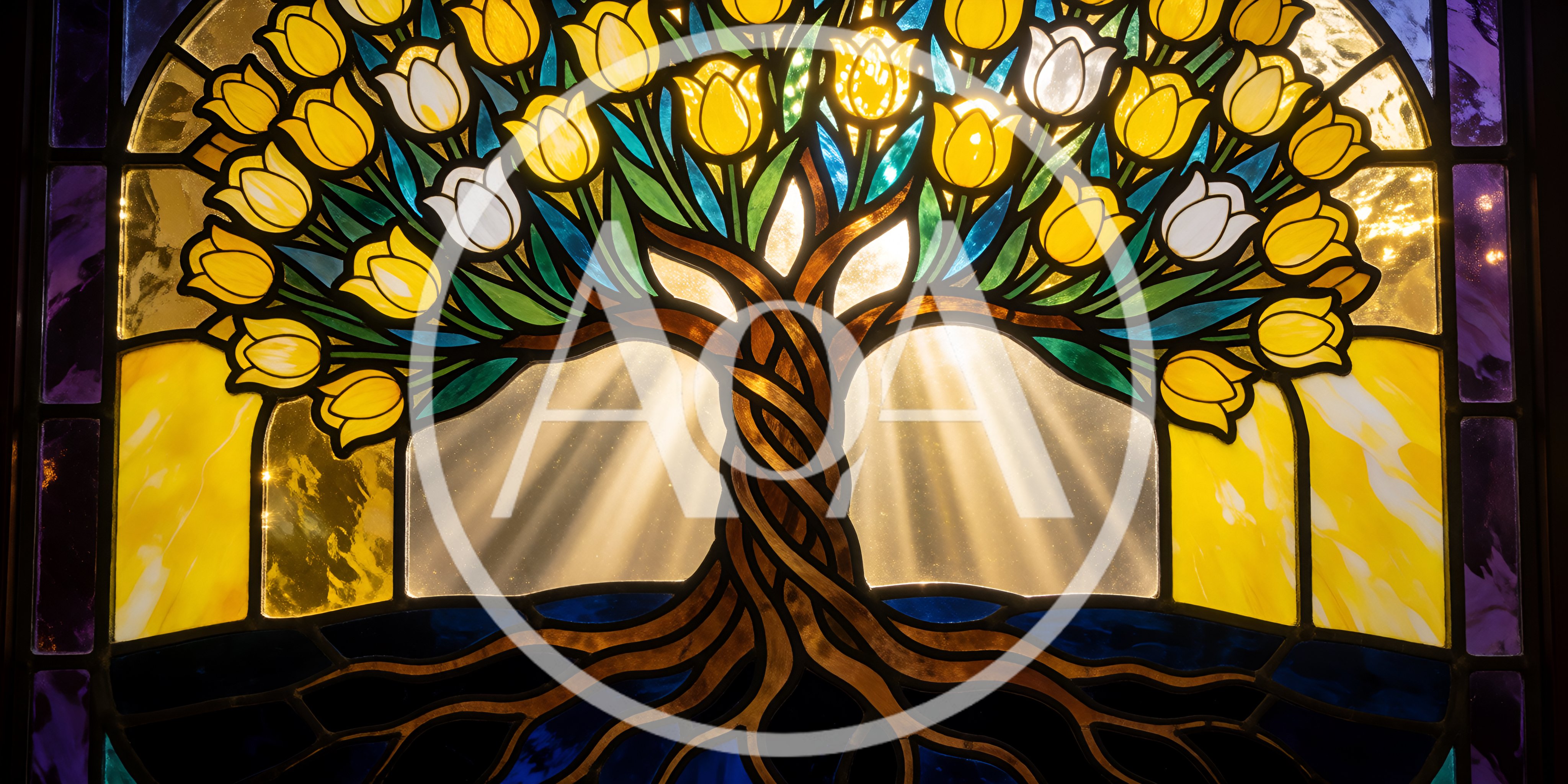 Stained Glass Tree Of Life With Yellow Tulips