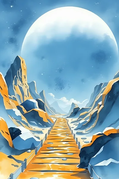 Surreal Mountain Landscape With Wooden Path Under Giant Moon