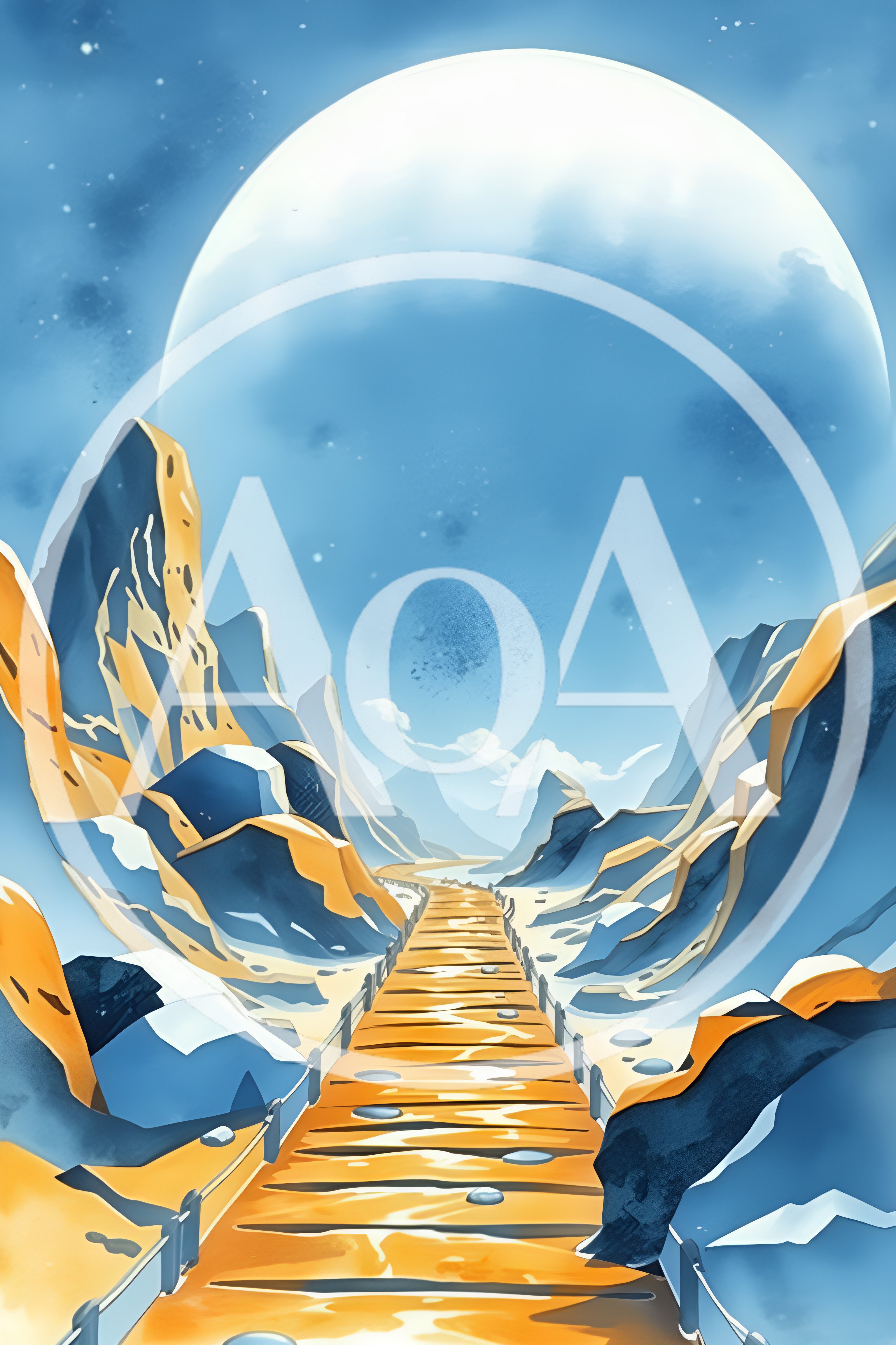 Surreal Mountain Landscape With Wooden Path Under Giant Moon