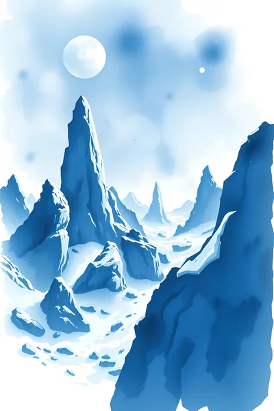 Digital Illustration Of Snowy Mountain Peaks Under Moon