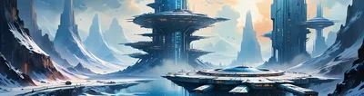 Futuristic Sci-Fi Cityscape In A Snowy Mountain Landscape