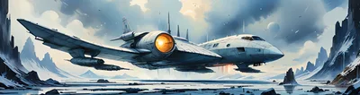 Futuristic Spacecraft Flying Over A Frozen Alien Landscape
