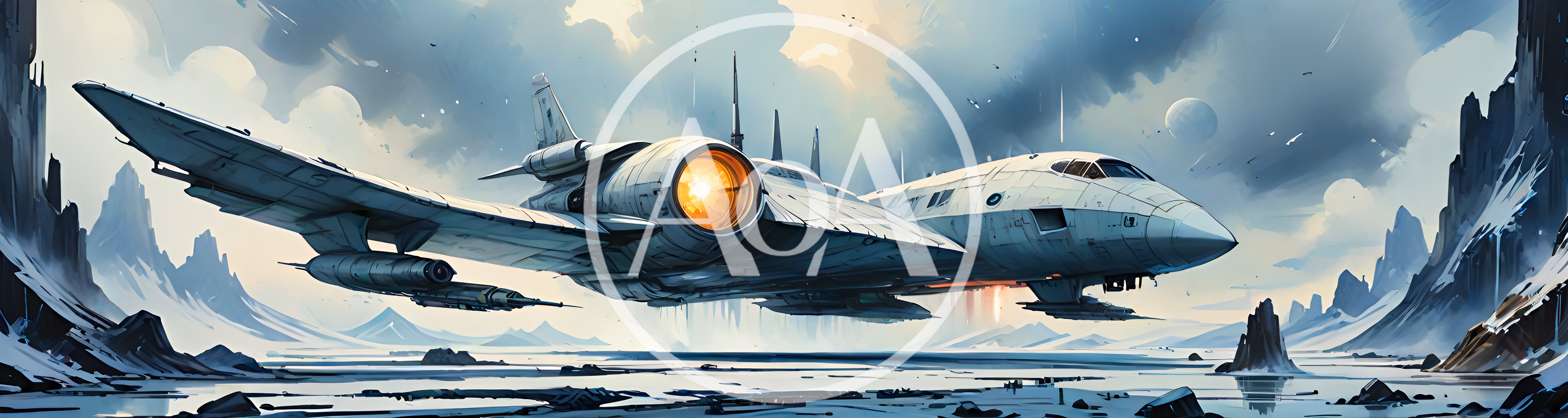 Futuristic Spacecraft Flying Over A Frozen Alien Landscape