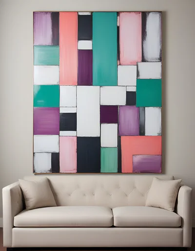 Modern Abstract Painting Above A Beige Tufted Sofa