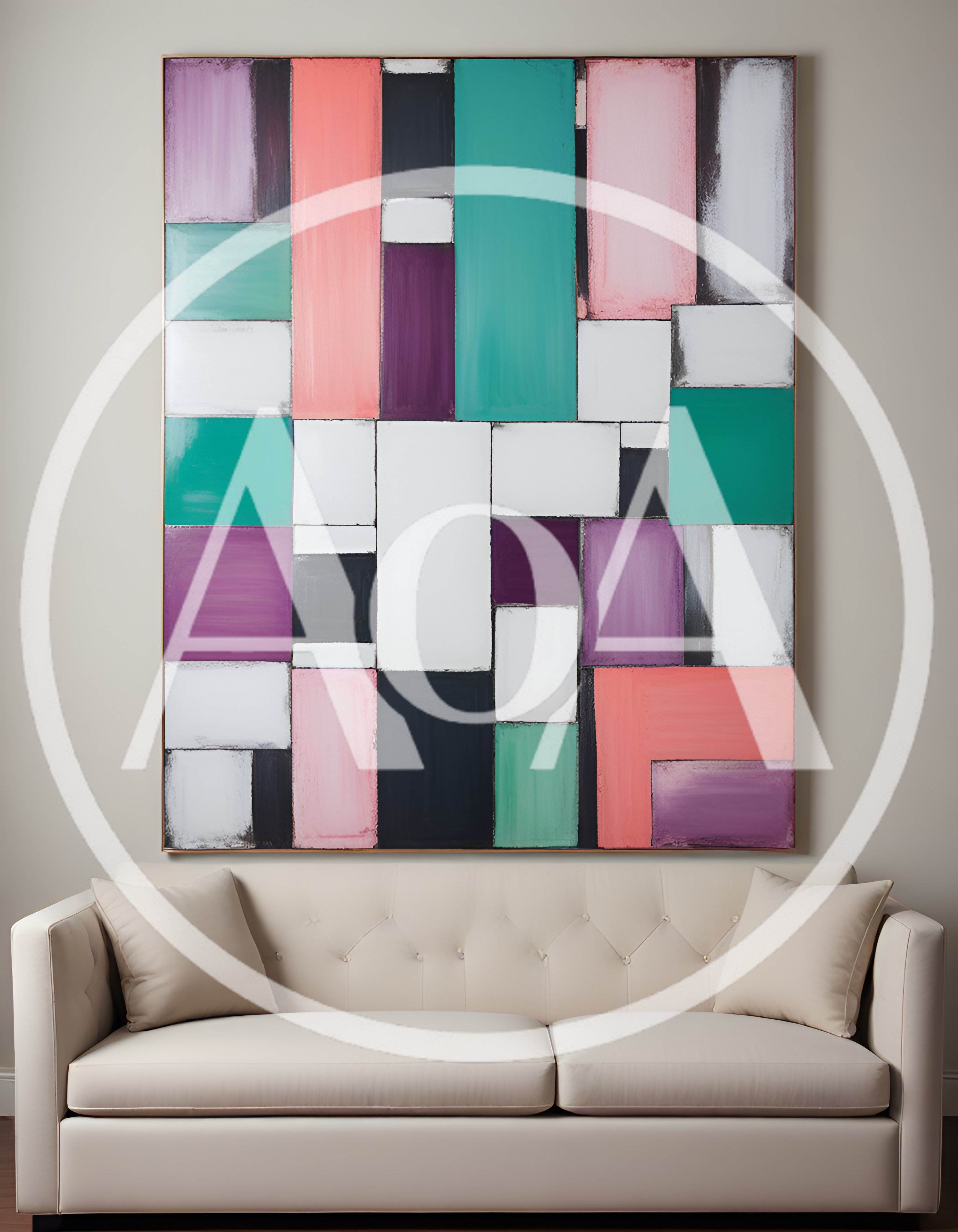 Modern Abstract Painting Above A Beige Tufted Sofa