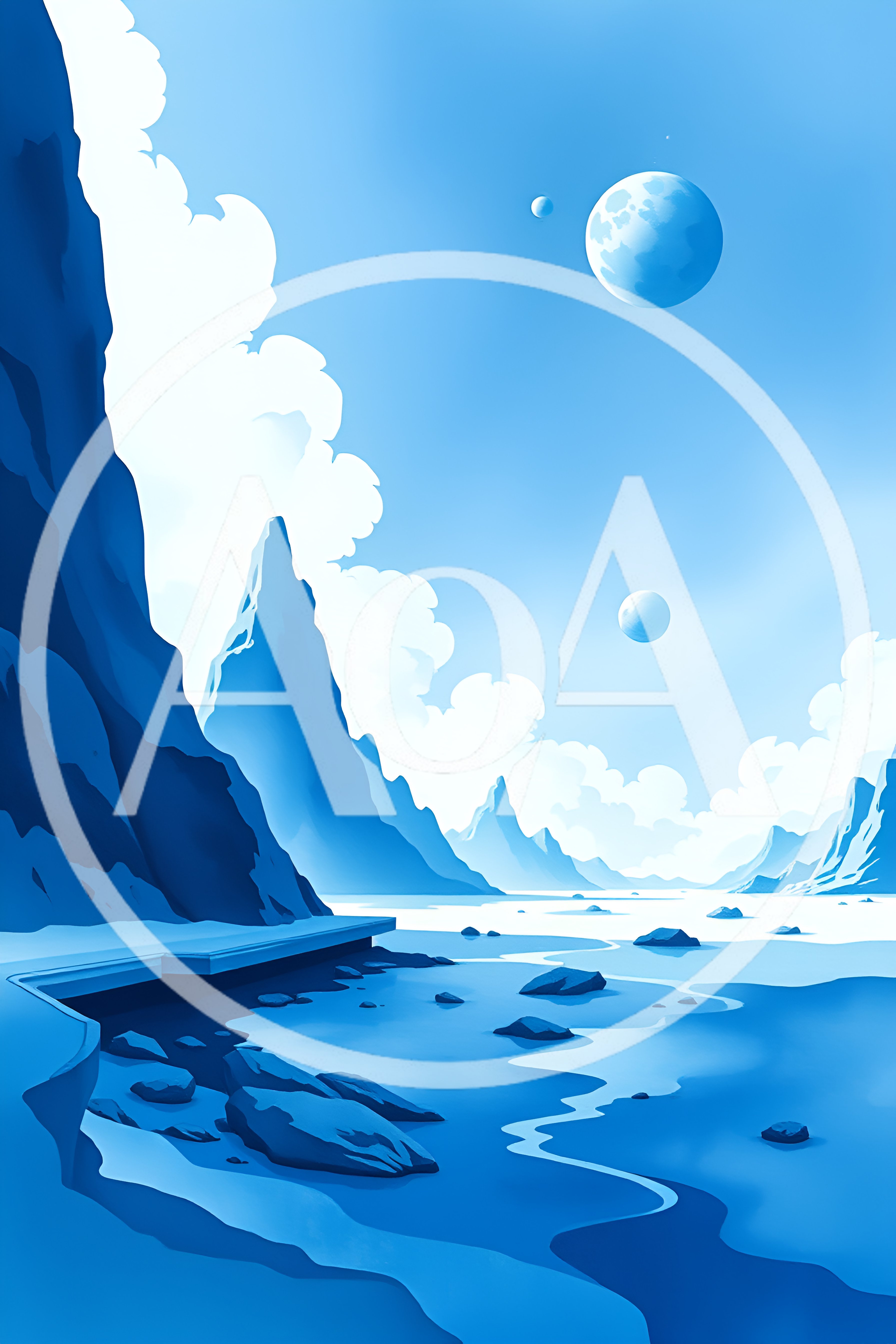 Surreal Blue Alien Landscape With Multiple Moons