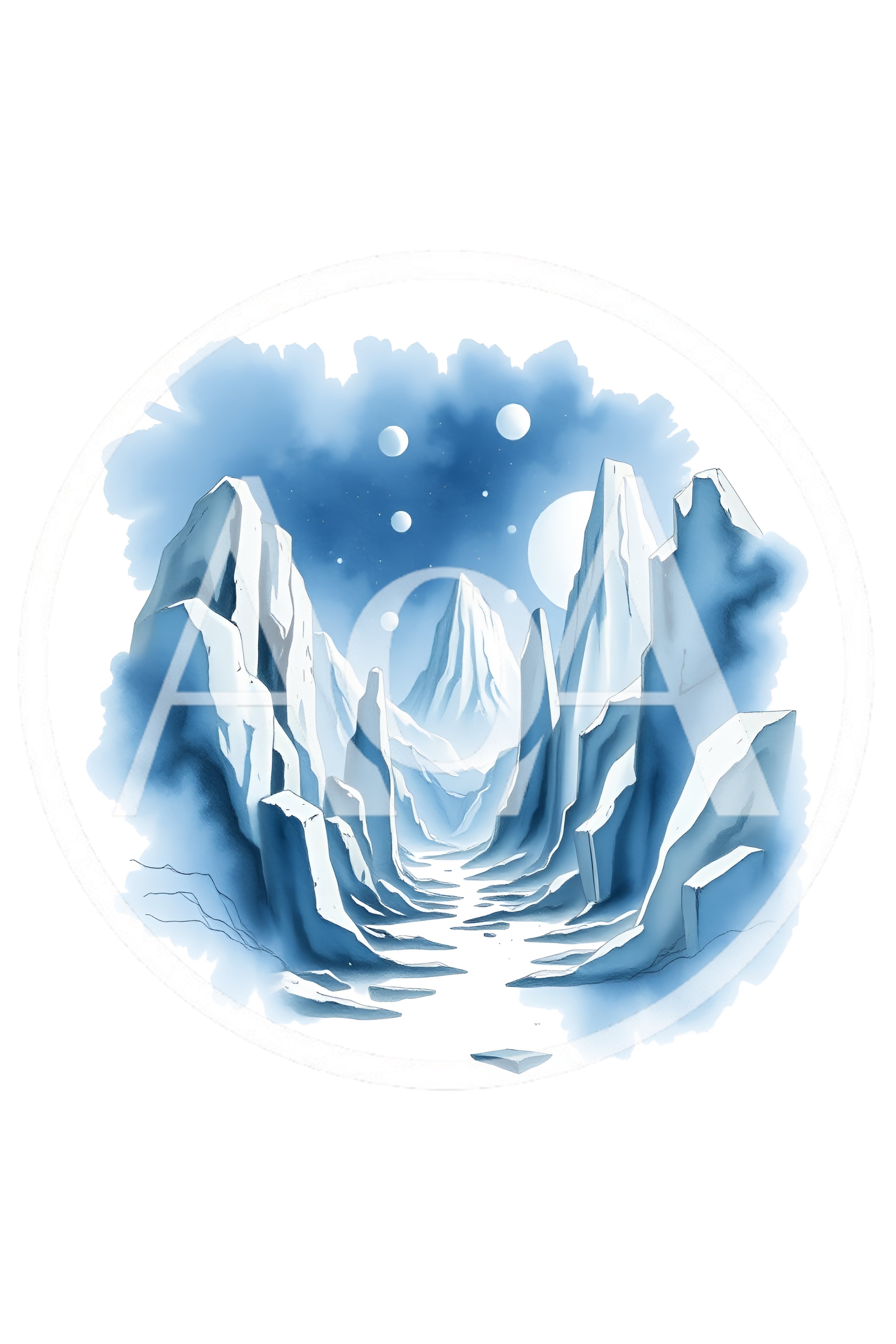 Watercolor Illustration Of A Surreal Icy Mountain Landscape