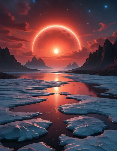 Surreal Alien Landscape With Red Sun And Ice