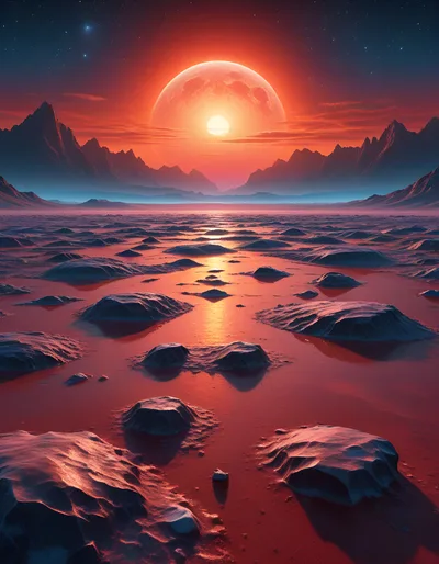 Surreal Alien Landscape With Red Sun And Rocky Terrain