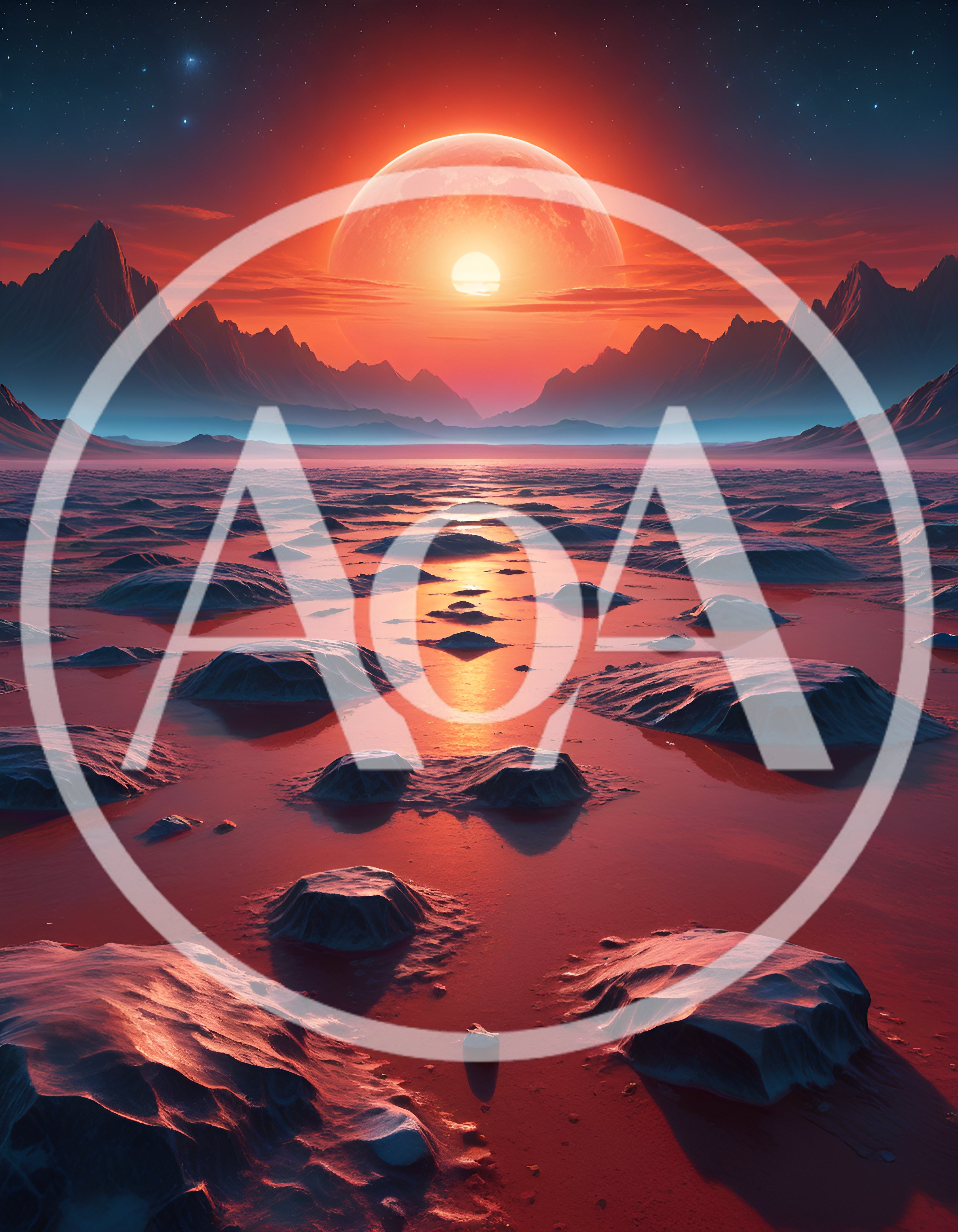 Surreal Alien Landscape With Red Sun And Rocky Terrain