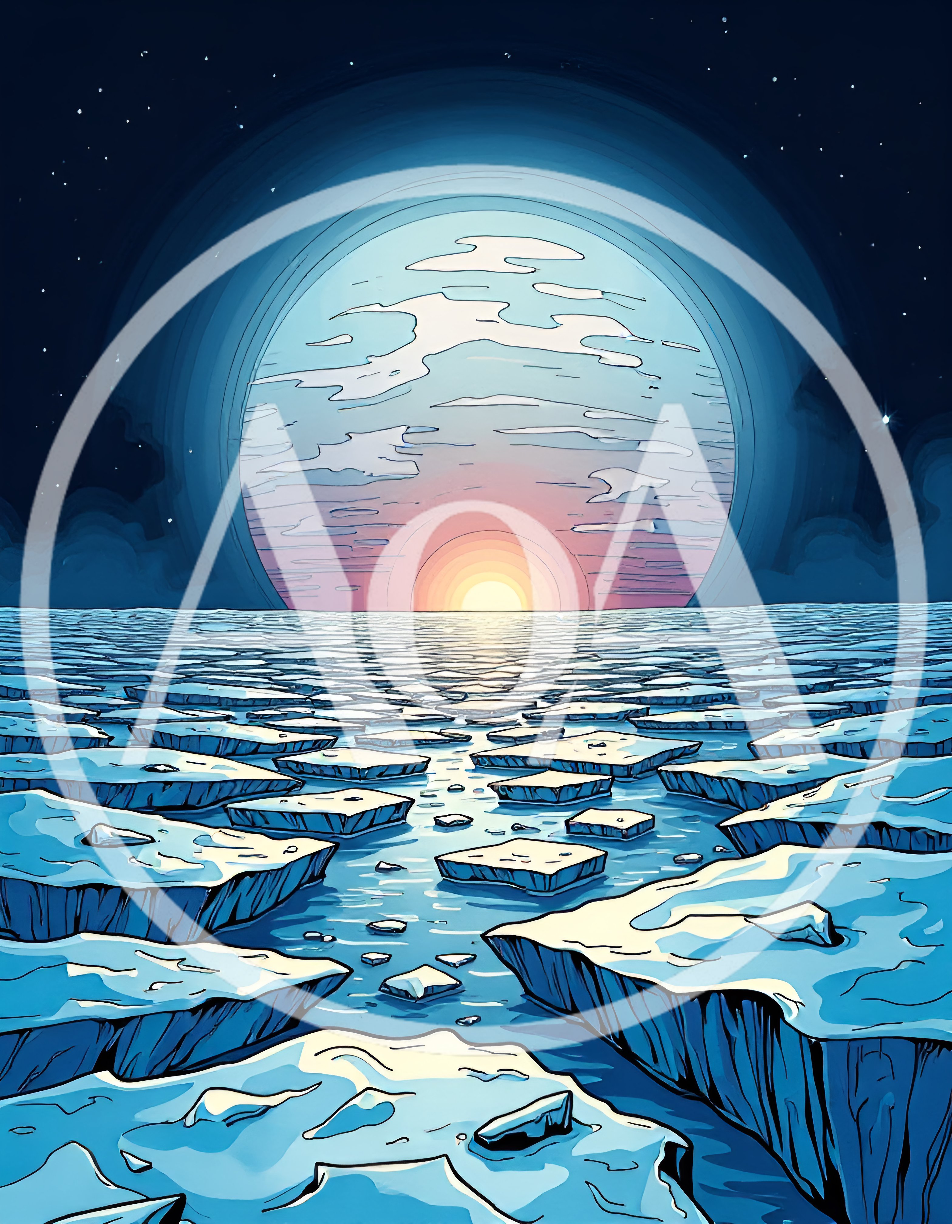 Surreal Arctic Landscape With Large Celestial Planet