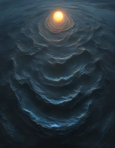 Glowing Sun Reflecting On Dark Textured Ocean Waves