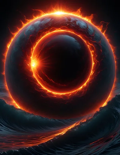 Surreal Dark Planet Rising Over Turbulent Ocean Waves