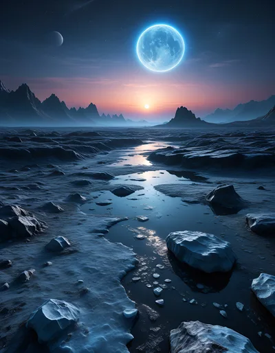 Surreal Alien Landscape With Glowing Moon And Sun