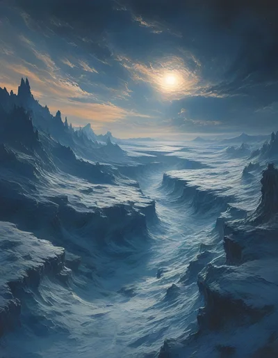 Cinematic Frozen Canyon Landscape Under A Glowing Sun