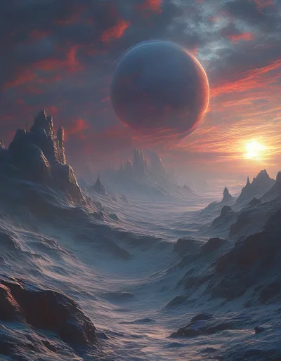 Surreal Alien Landscape With Large Planet And Sunset