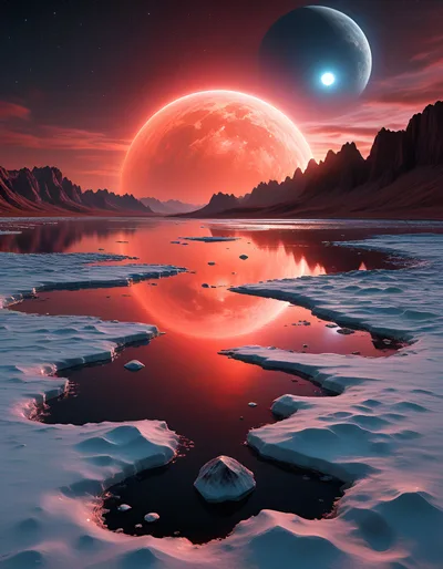 Surreal Alien Landscape With Red Planet And Icy Lake