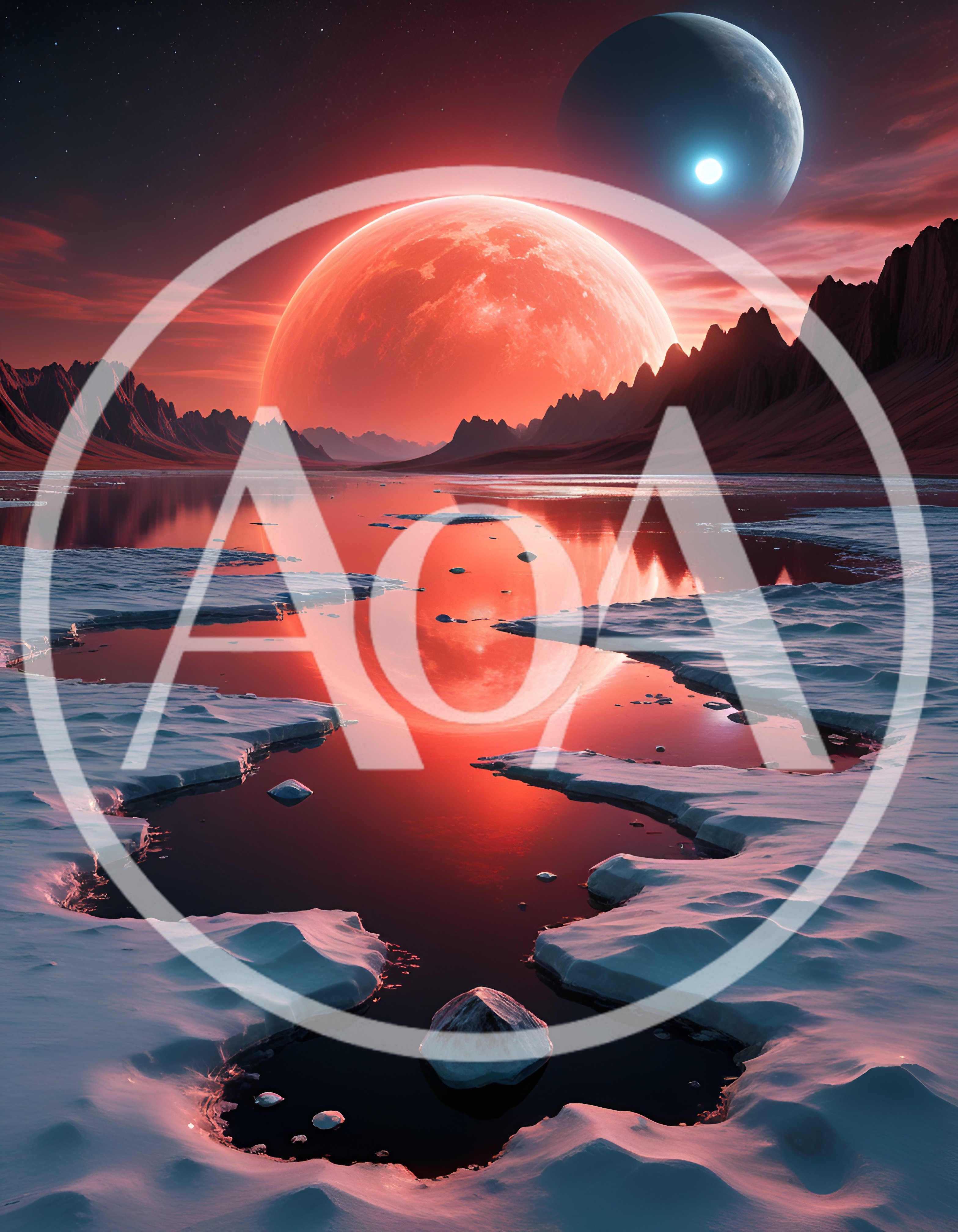 Surreal Alien Landscape With Red Planet And Icy Lake