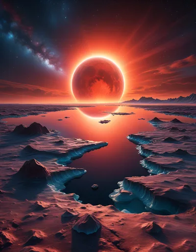 Surreal Alien Landscape With Red Planet And Reflective Water