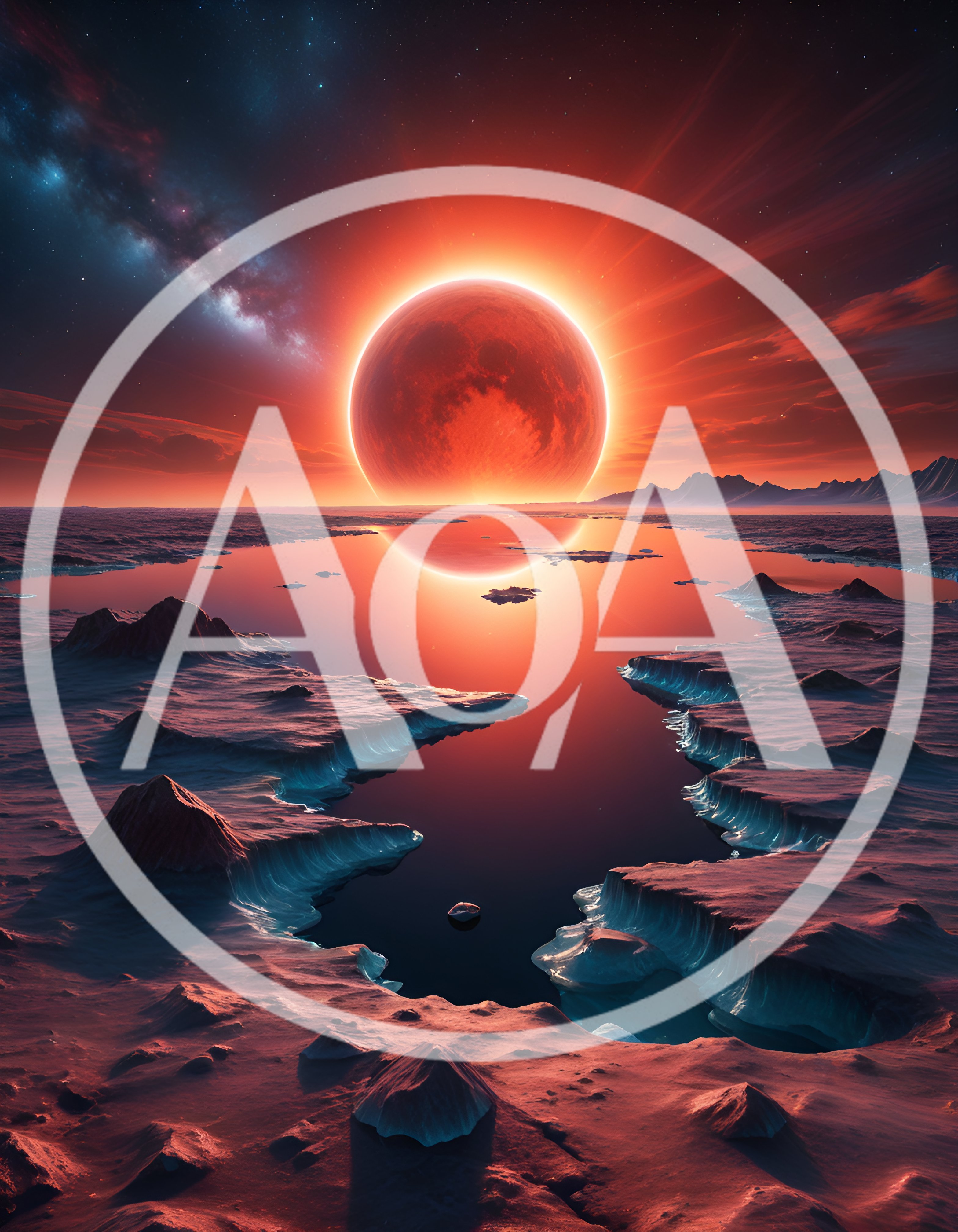 Surreal Alien Landscape With Red Planet And Reflective Water