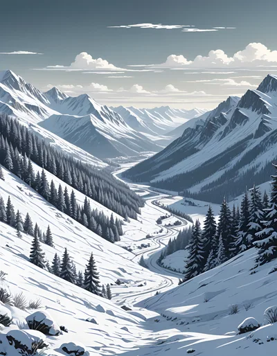 Winding Road Through Snowy Mountain Valley