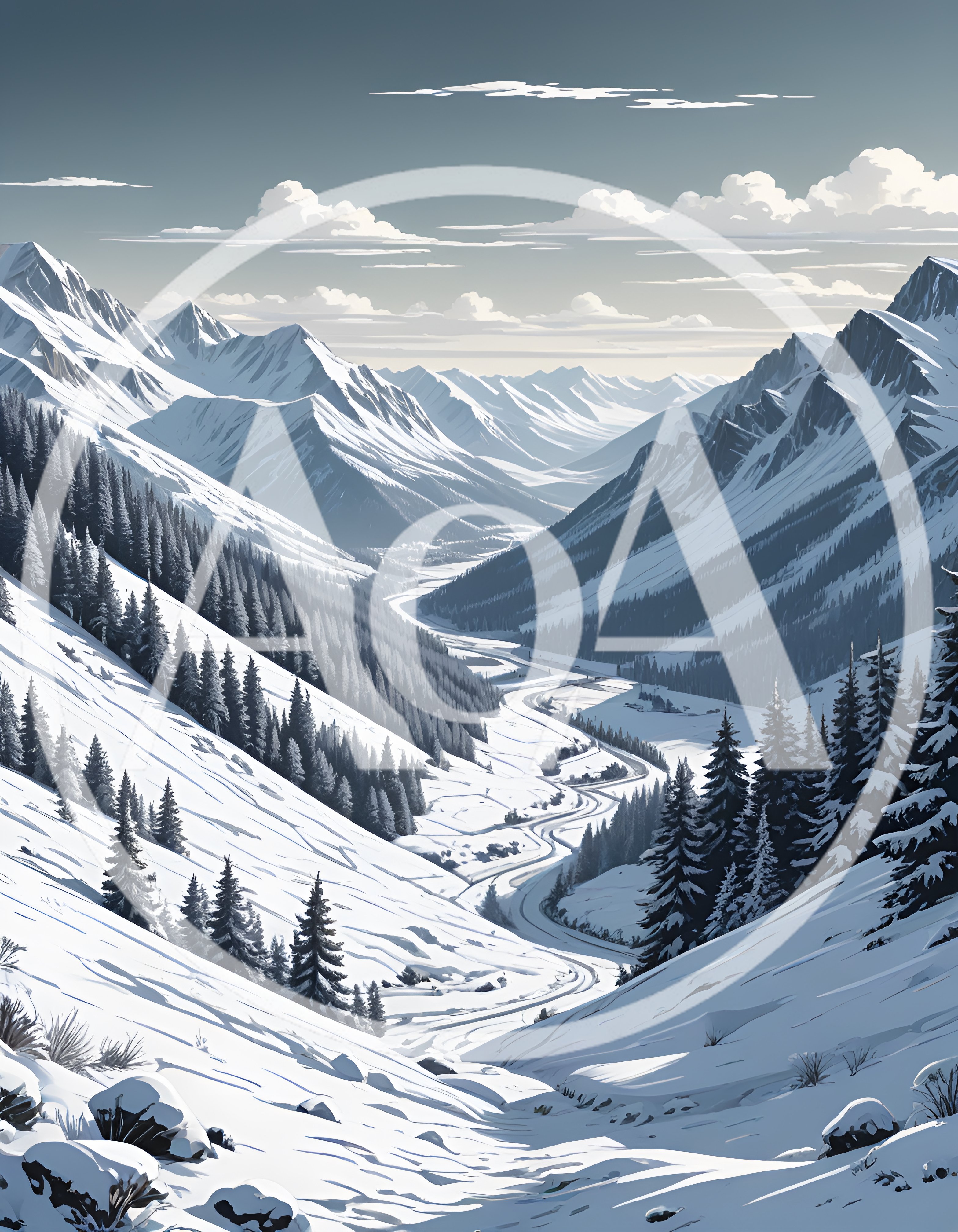 Winding Road Through Snowy Mountain Valley