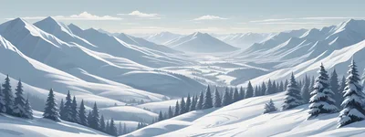 Panoramic View Of Snowy Mountain Valley In Winter