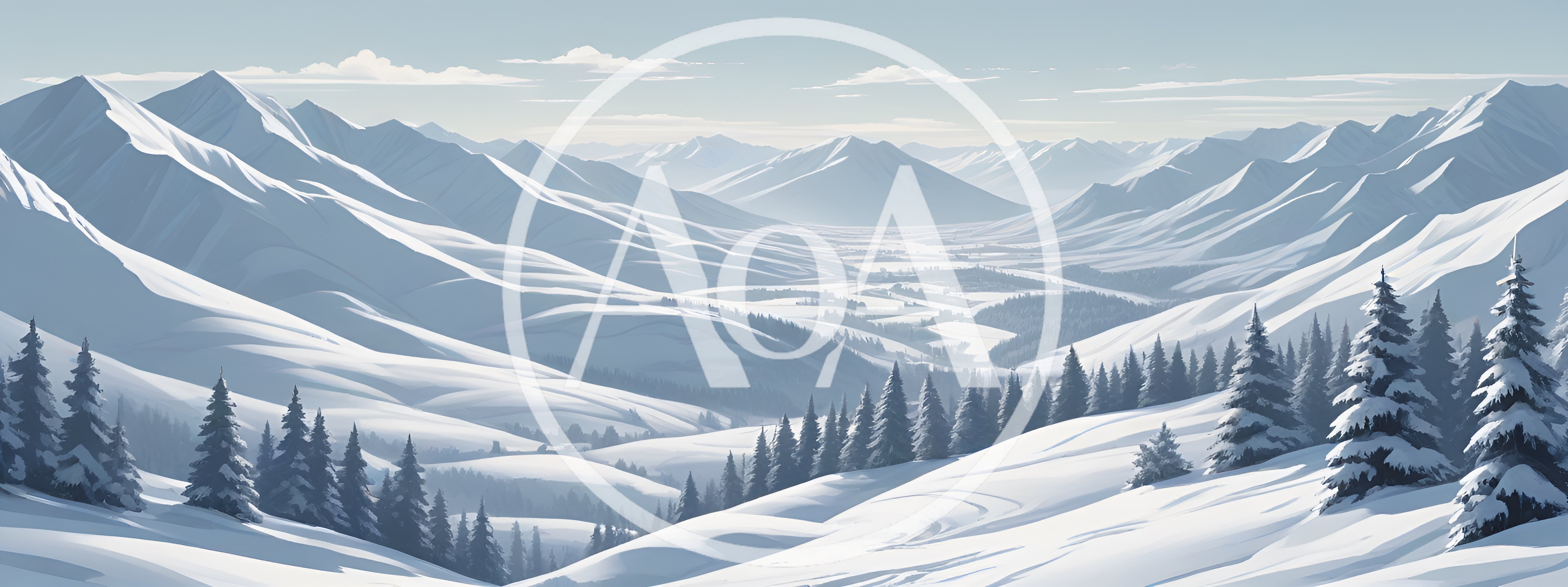 Panoramic View Of Snowy Mountain Valley In Winter
