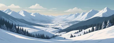 Panoramic View Of Snowy Mountain Valley In Winter