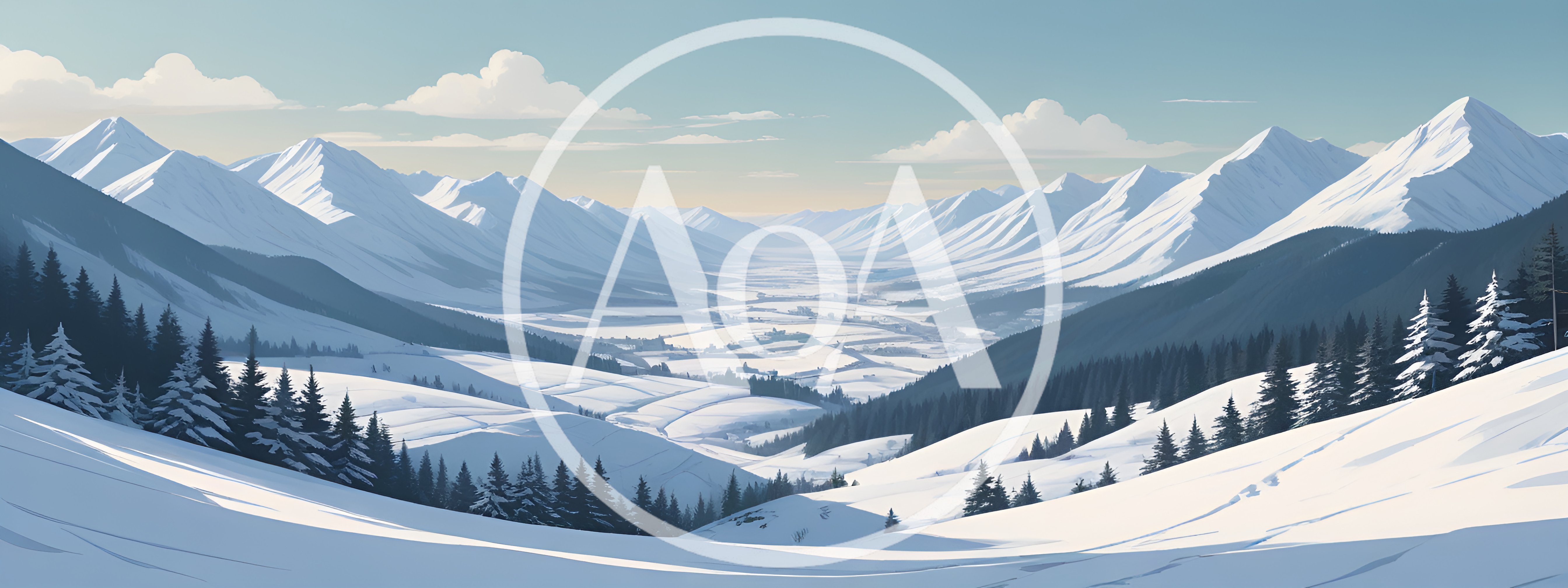 Panoramic View Of Snowy Mountain Valley In Winter