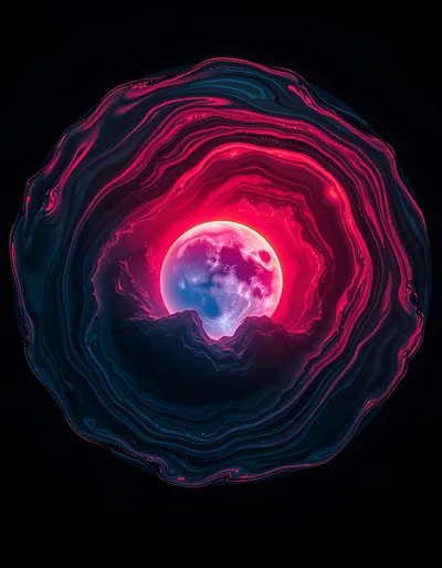 Surreal Glowing Moon Above Dark Mountain Peaks