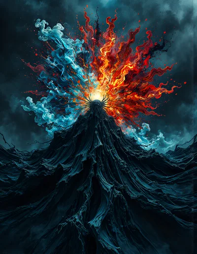 Abstract Dark Mountain Erupting With Fire And Ice